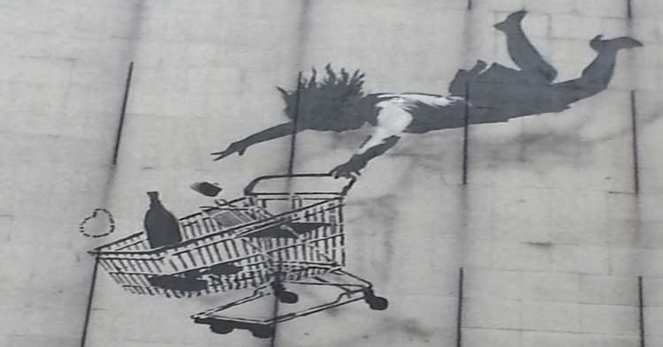 The Falling Shopper by Banksy in Mayfair.
