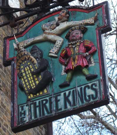 The pub sign for the Three Kings of Clerkenwell.