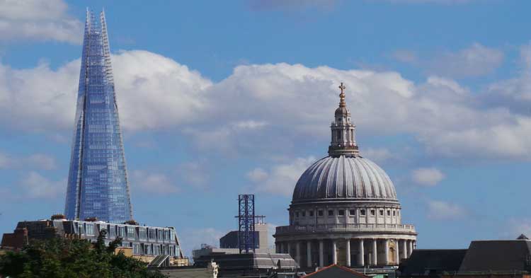 The view of St Paul's Cathedral and The Shard from Clerkenwell.