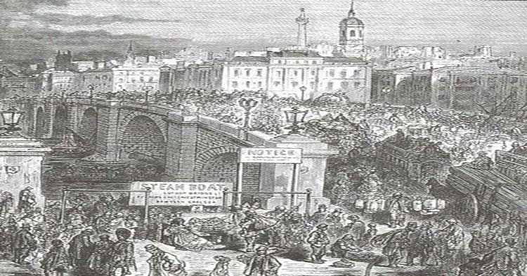 An illustration showing old London Bridge.