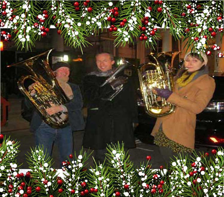 Members of a treasure hunt team playing musical instruments they have acquired on the route.