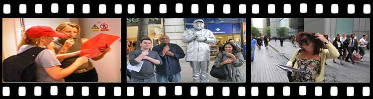 Teams attempting various tasks on the Covent Garden Treasure Hunt.