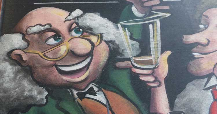 Two cartoon figures enjoying a drink in a pub.